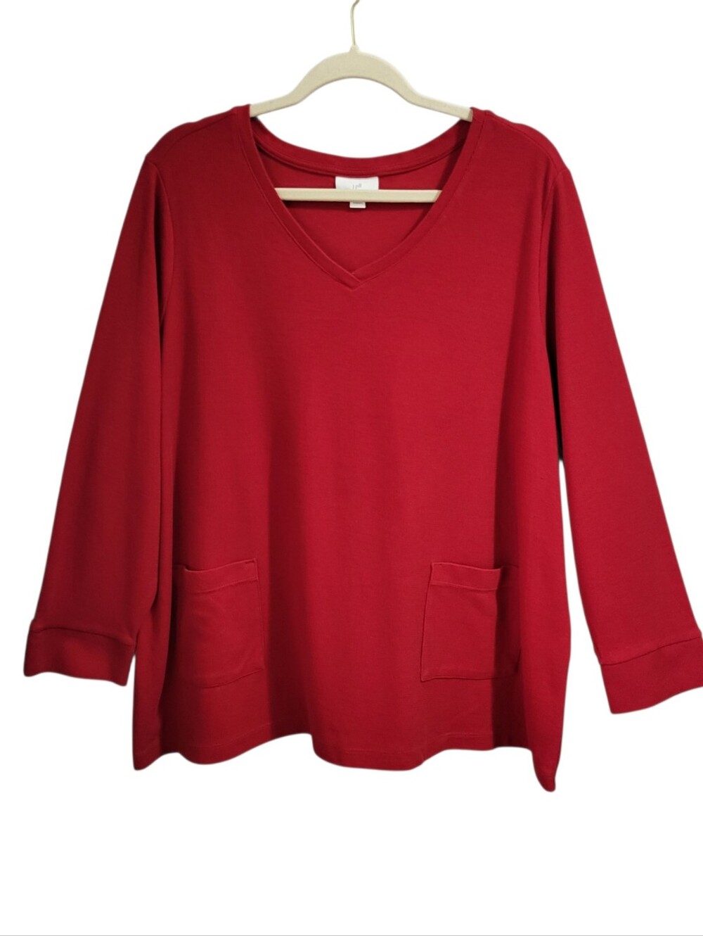 J. Jill Tunic Top Plus Size 3X Red Cotton V-Neck 3/4 Sleeve Pockets Lagenlook